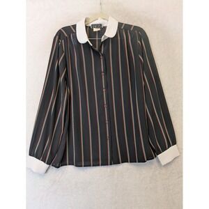 Exquisite Button Up Blouse Women's 14 Black Striped Peter Pan Collar